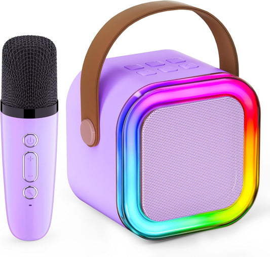 BONAOK Mini Karaoke Machine for Kids, Portable Bluetooth Speaker with Wireless Microphone(Purple)