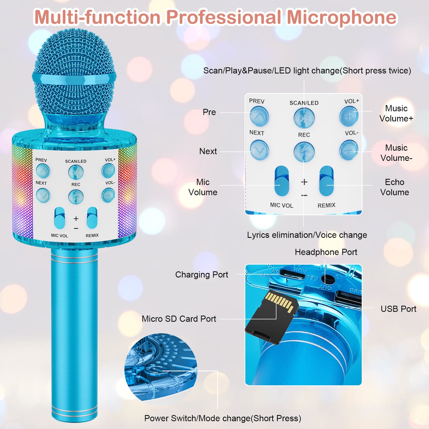 BONAOK Karaoke Microphone for Kids, Portable Wireless Bluetooth Microphone with LED Lights, Karaoke Mic Speaker Machine for Girls Boys Gifts(Rose Gold)