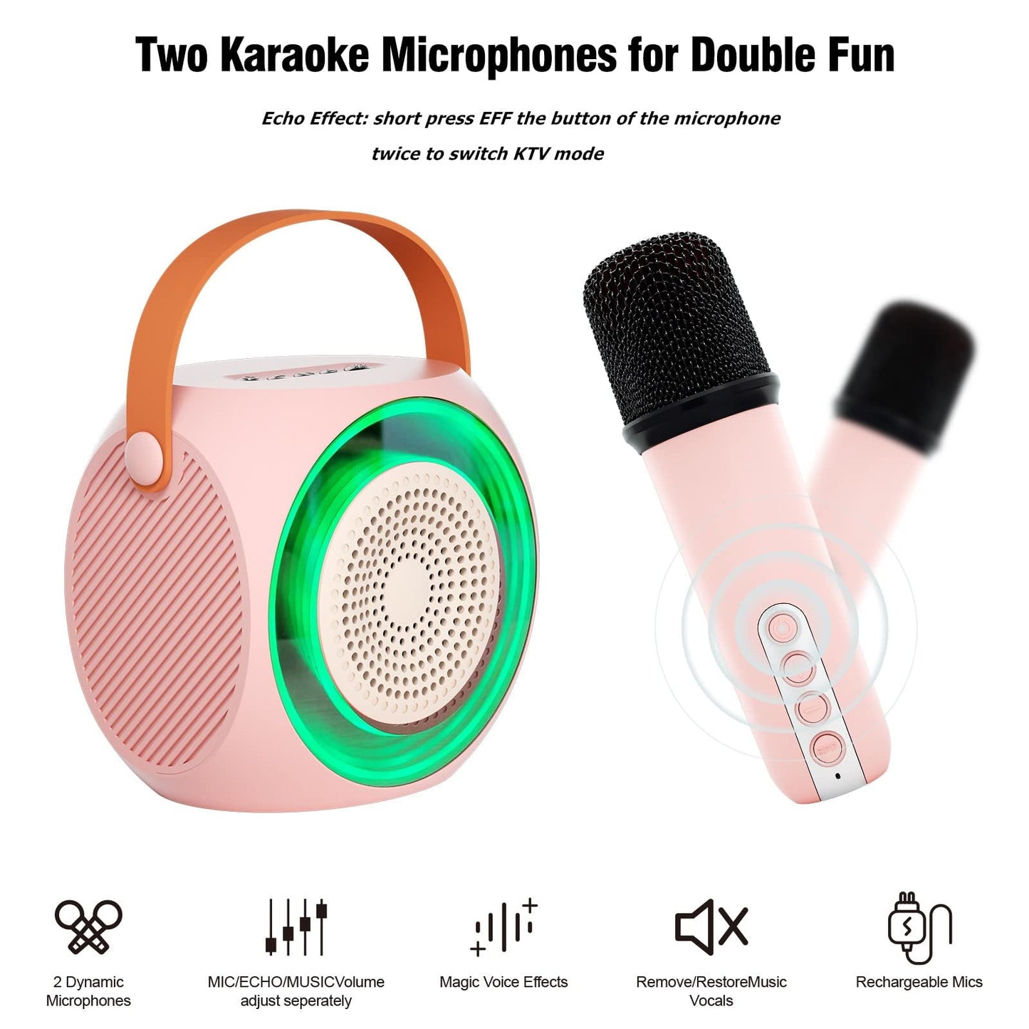BONAOK Mini Karaoke Machine for Kids Adults, Portable Karaoke Speaker with 2 Wilreless Microphones and Bluetooth for Home Party, Birthday Gifts for Boys/Girls(Pink)