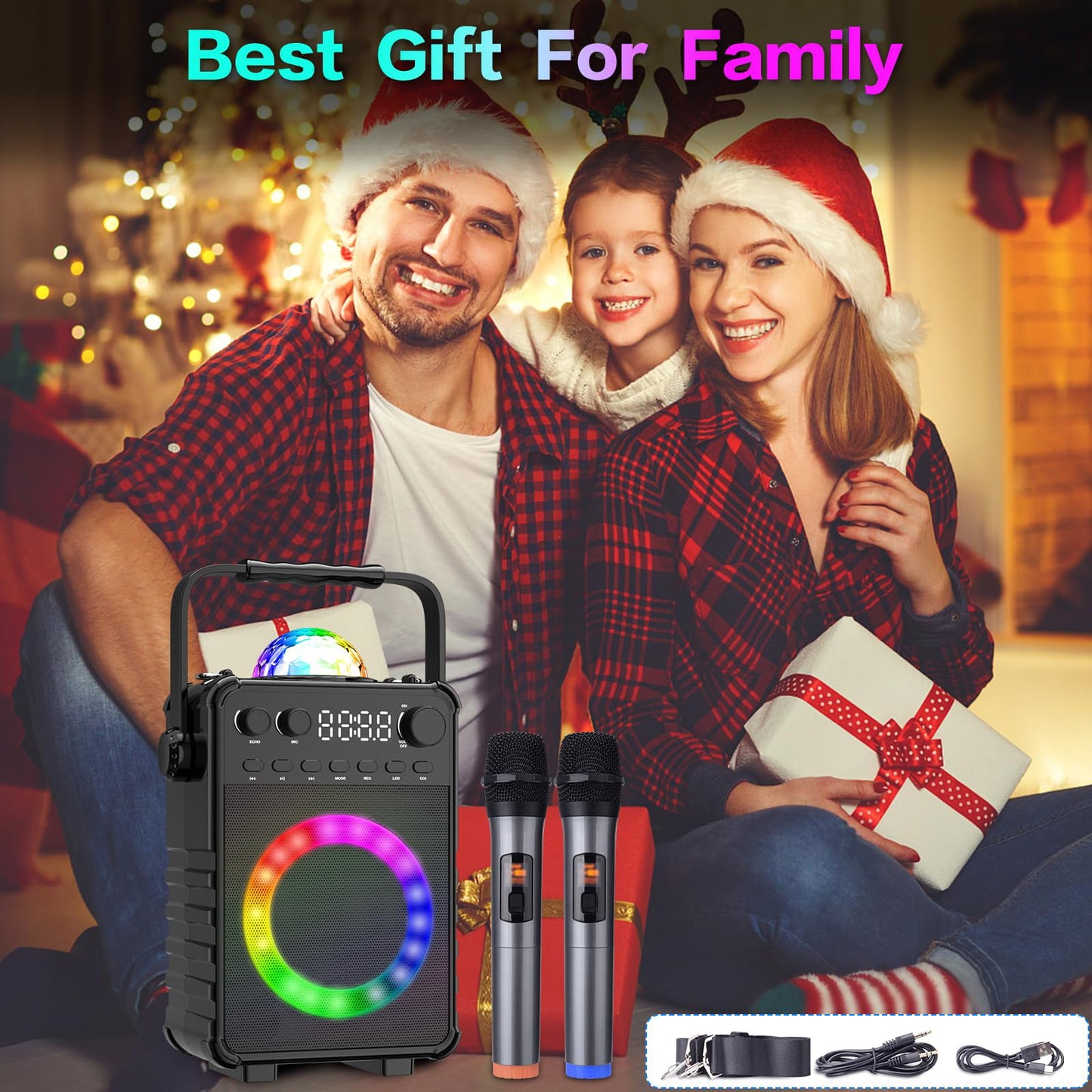BONAOK Karaoke Machine with 2 Wireless Microphones, Portable Bluetooth Speaker with for Adults Kids Singing Machine with Disco LED Lights Gifts for Girls Boys Home Party