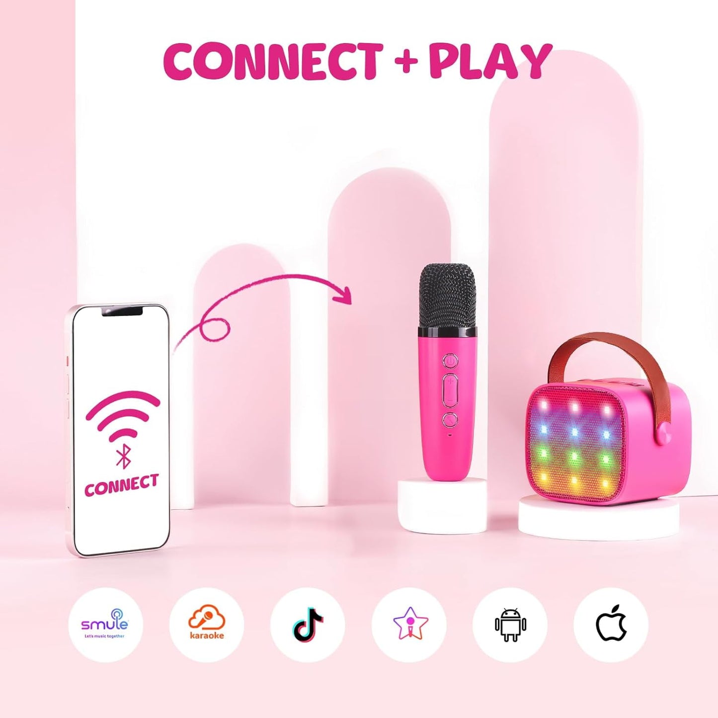 BONAOK Mini Karaoke Machine for Kids Adults, Portable Bluetooth Speaker with 2 Wireless Microphone, Karaoke Singing Gifts Toys (Pink)