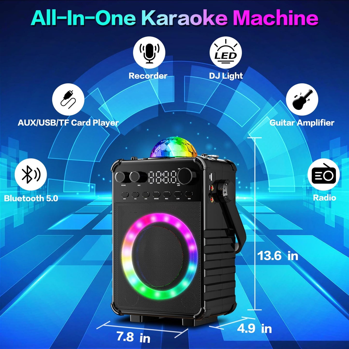 BONAOK Karaoke Machine with 2 Wireless Microphones, Portable Bluetooth Speaker with for Adults Kids Singing Machine with Disco LED Lights Gifts for Girls Boys Home Party