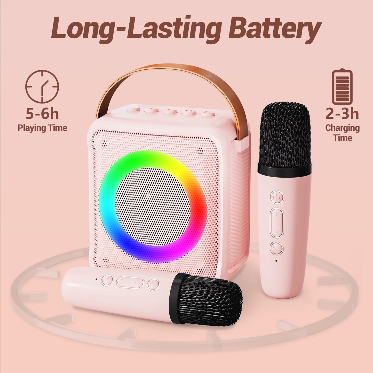 BONAOK Karaoke Machine for Kids Adults, Portable Bluetooth Speaker with 2 Wireless Mics, Microphone Speaker Set with LED Lights for Home Party, Birthday Gifts for Girls Boys(Pink)