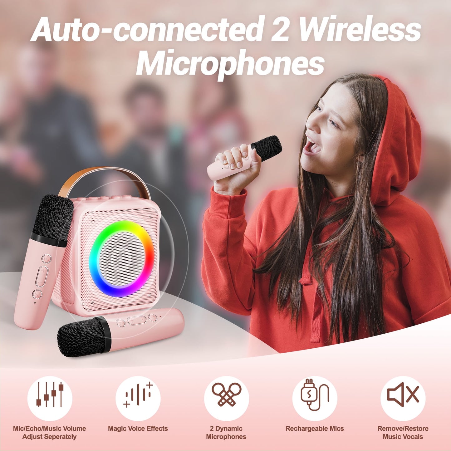 BONAOK Karaoke Machine for Kids Adults, Portable Bluetooth Speaker with 2 Wireless Mics, Microphone Speaker Set with LED Lights for Home Party, Birthday Gifts for Girls Boys(Pink)