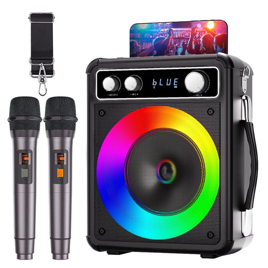BONAOK Karaoke Machine, Portable Bluetooth Speaker with 2 Wireless Microphones, PA System for Adults Kids with LED Lights, Supports TWS/REC/FM/AUX/USB/TF for Home Party
