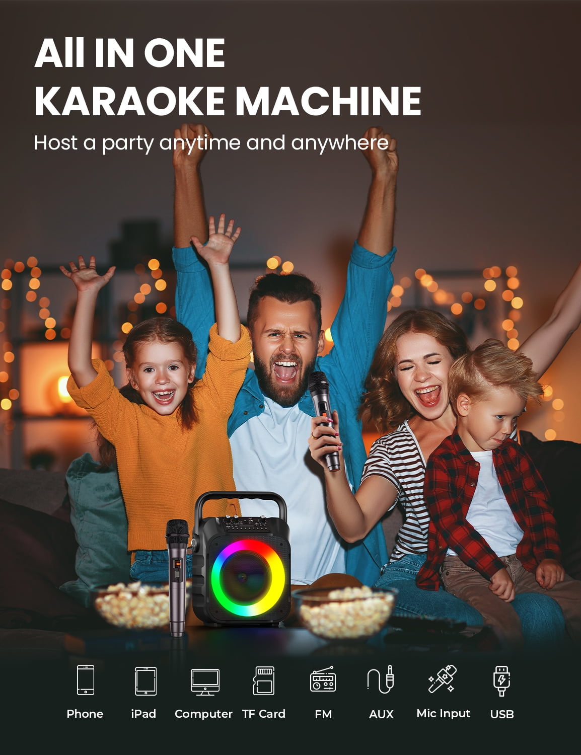 BONAOK Karaoke Machine, Karaoke Machine for Adults & Kids with Two Wireless Microphones,Karaoke Microphone with PA System, LED Lights, Karaoke Speaker Supports for TF Card/USB, AUX in, FM, REC,TWS
