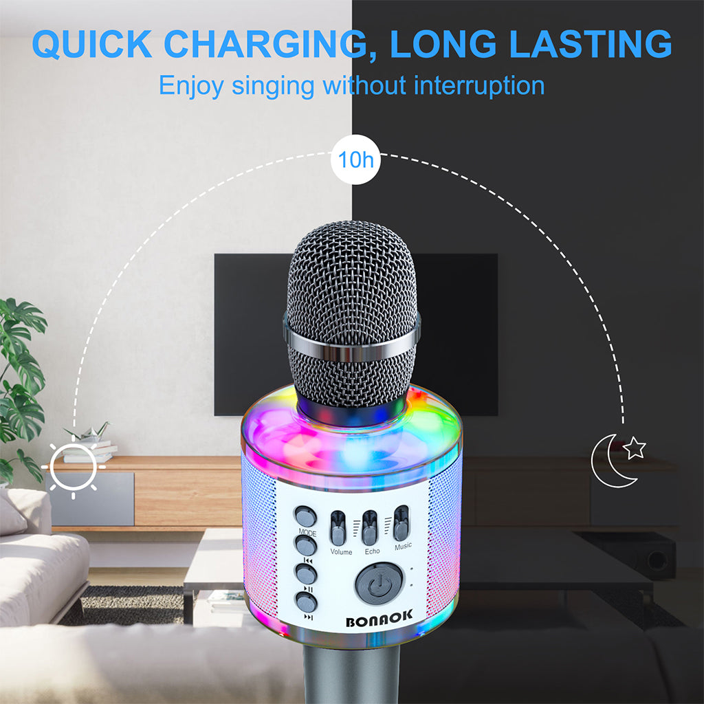 BONAOK Karaoke Microphone with LED Lights Upgraded,Wireless Bluetooth Handheld Karaoke Machine Mic & Speaker, Unique Gifts Toys for Girls Boys Adults All Ages(Q37Pro Space Gray)