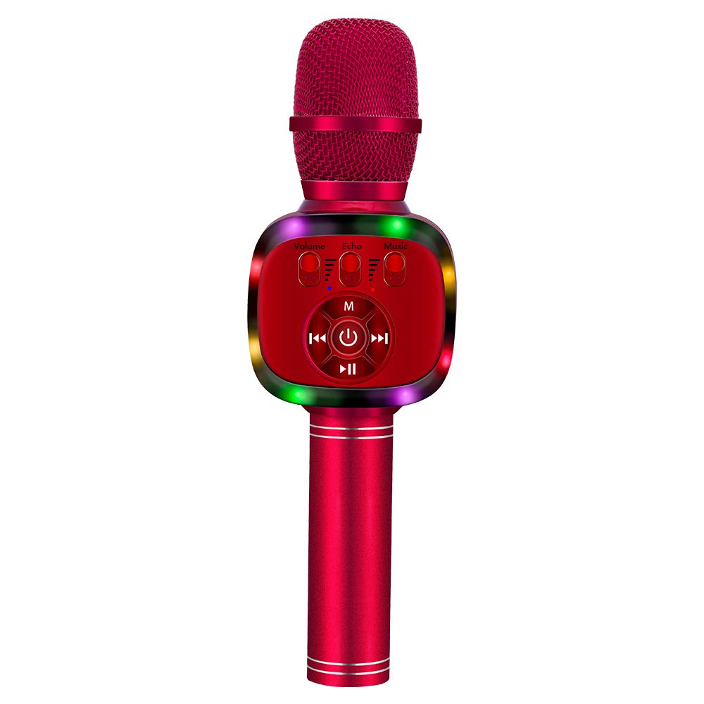 BONAOK Wireless Bluetooth Karaoke Microphone with Dual Sing, LED Lights, Portable Handheld Mic Speaker Machine for iPhone/Android/PC/Outdoor/Birthday/Android/PC/Outdoor/Birthday/Home/Party (Red)