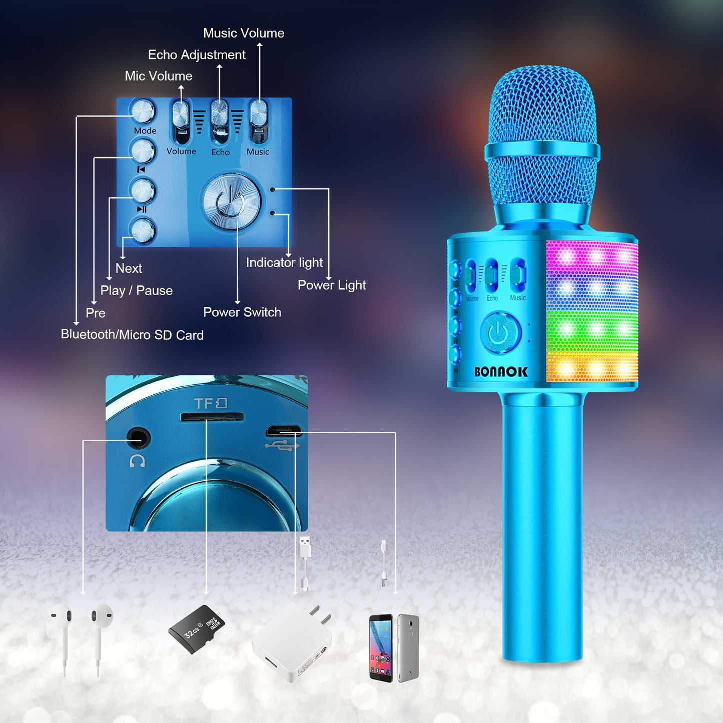 BONAOK Wireless Bluetooth Karaoke Microphone for Kids, Portable Handheld Singing Mic Speaker MP3 Player with Controllable LED Lights, Party for Adults Girls Boys Teens Q37L (Blue)