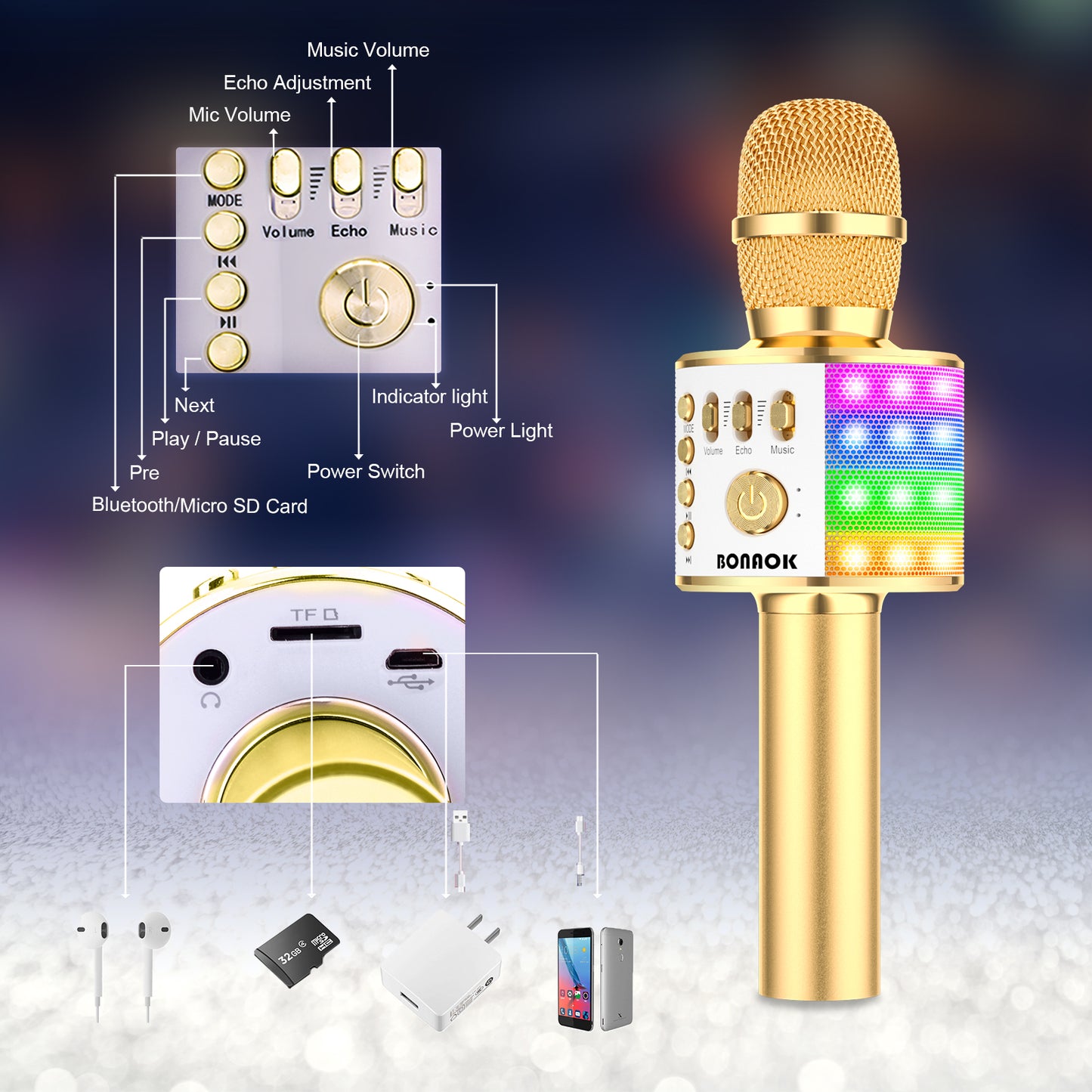 BONAOK Wireless Karaoke Microphone for Kids, Portable Handheld Bluetooth Mic & Speaker for Singing, Toys for Boys Girls 5 6 7 8 9 10 Years Old Teens Adults Birthday Gifts Q37L(Gold)