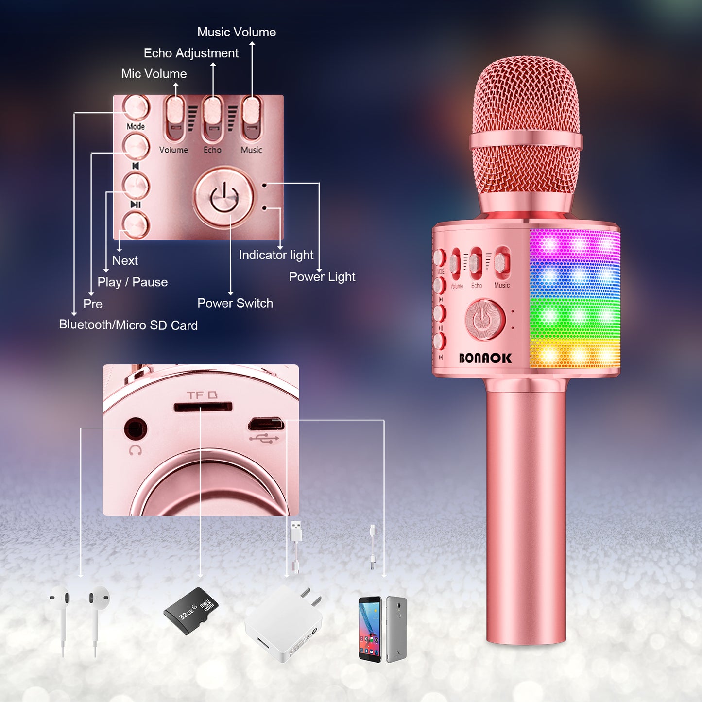 BONAOK Microphone for Kids Wireless Karaoke Toys, 4 in 1 Portable Bluetooth Singing Mic Speaker MP3 Player Great Gift for 4-12 Years Old Girls Boys Teens Adults All Ages Q37L (Champagne)