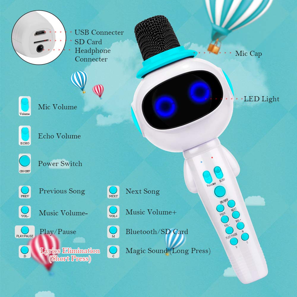 BONAOK Kids Wireless Bluetooth Karaoke Microphone with Magic Sound & Colorful LED light, 5 in 1 Portable Handheld Party Karaoke Speaker Machine New Year Gift for Android/iPhone/iPad/PC (Blue)