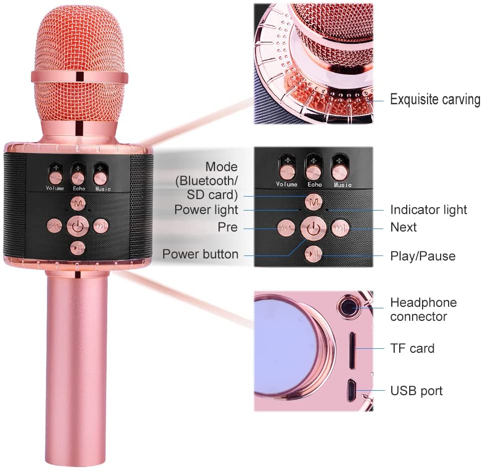 BONAOK Wireless Bluetooth Karaoke Microphone with Controllable LED Lights, Portable Handheld Karaoke Speaker Machine Christmas Birthday Home Party for All Smartphone(Q78Rose Gold)