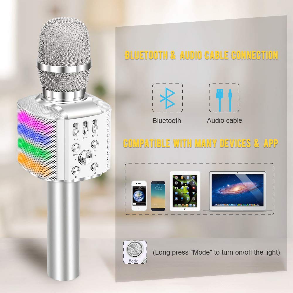 BONAOK Wireless Bluetooth Karaoke Microphone with controllable LED Lights, 4 in 1 Portable Karaoke Machine Speaker for Android/iPhone/PC(Silver)
