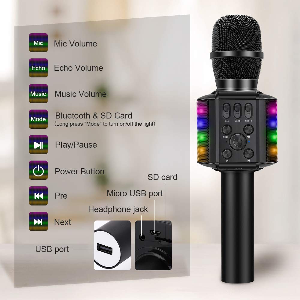 BONAOK Wireless Bluetooth Karaoke Microphone with controllable LED Lights, 4 in 1 Portable Karaoke Machine Speaker for Android/iPhone/PC(Black)