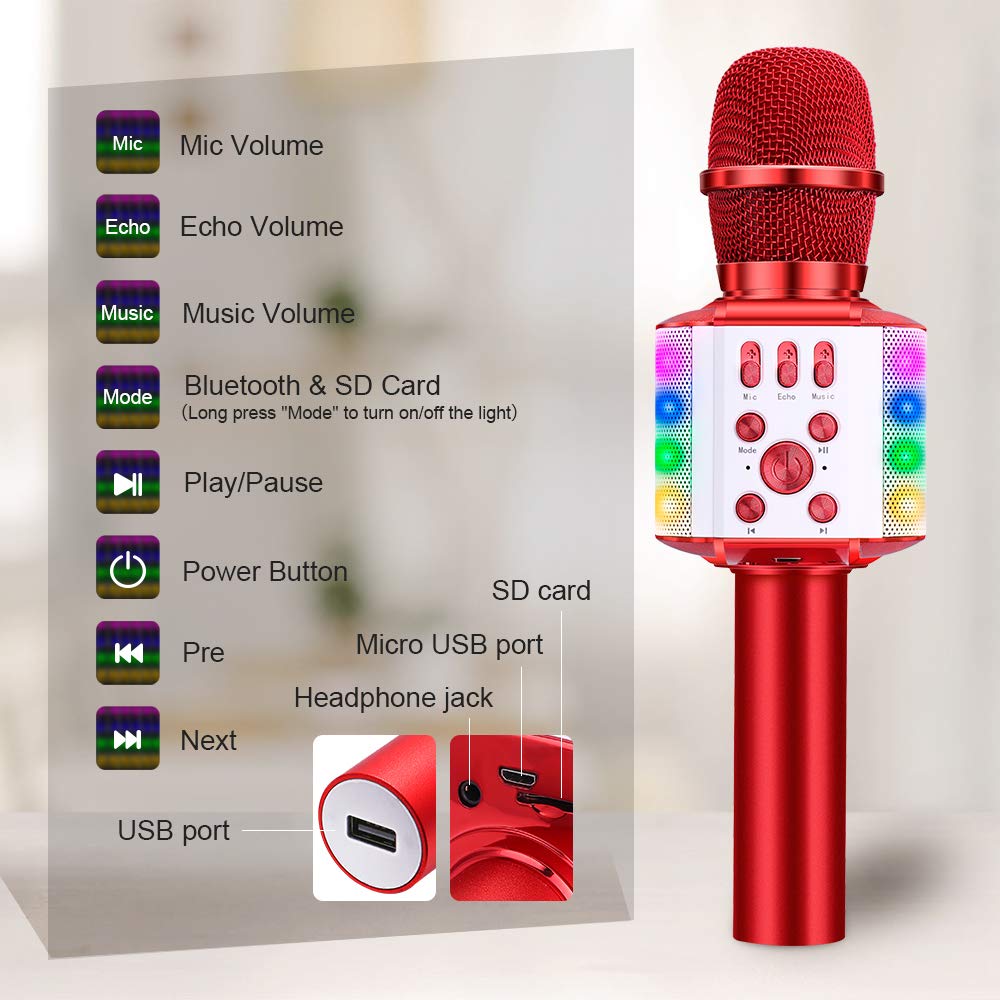 BONAOK Wireless Bluetooth Karaoke Microphone with controllable LED Lights, 4 in 1 Portable Karaoke Machine Speaker for Android/iPhone/PC (Red)