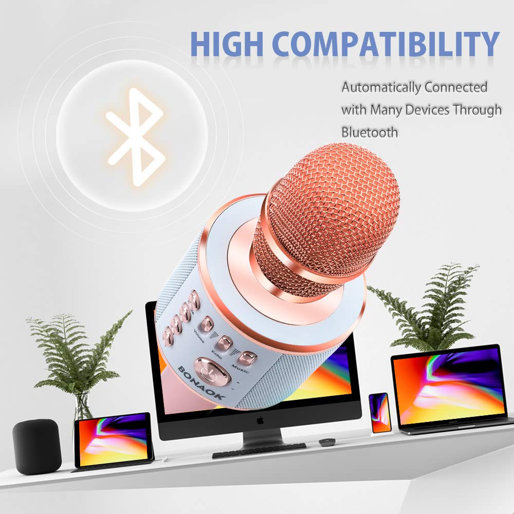 BONAOK Wireless Bluetooth Karaoke Microphone,3-in-1 Magic Sound Portable Handheld Karaoke Mic Speaker Machine Home Party Birthday for iPhone/Android/iPad/Sony/PC/All Smartphone(Rose Gold)