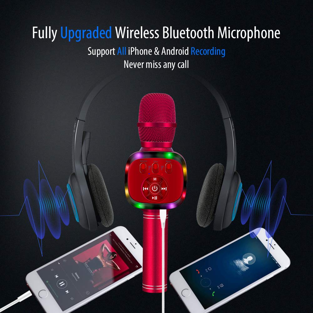 BONAOK Wireless Bluetooth Karaoke Microphone with Dual Sing, LED Lights, Portable Handheld Mic Speaker Machine for iPhone/Android/PC/Outdoor/Birthday/Android/PC/Outdoor/Birthday/Home/Party (Red)