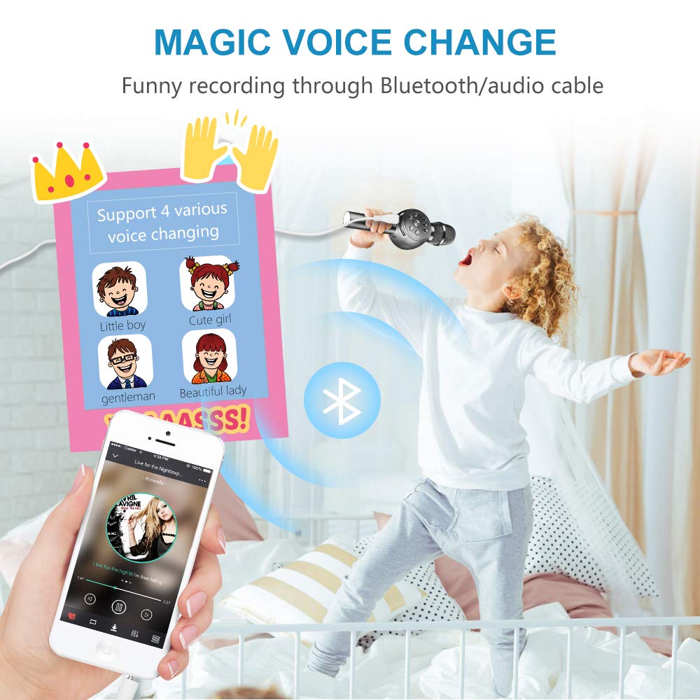 BONAOK Wireless Bluetooth Karaoke Microphone with Dynamic LED Light, Portable Handheld Magic Sound Karaoke Mic Home Party Birthday for iPhone/Android/iPad/PC/Sony (Gray)