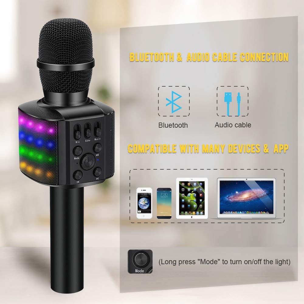 BONAOK Wireless Bluetooth Karaoke Microphone with controllable LED Lights, 4 in 1 Portable Karaoke Machine Speaker for Android/iPhone/PC(Black)