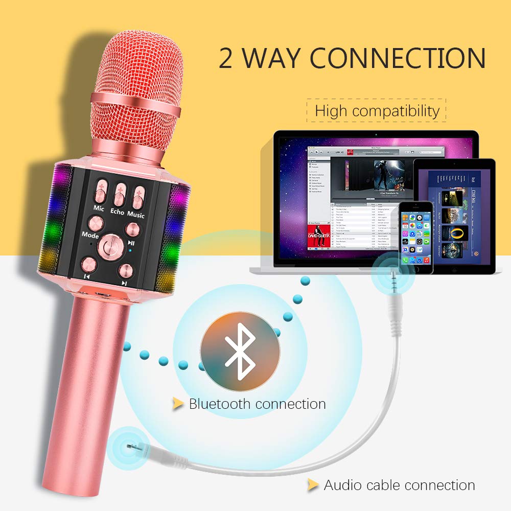 BONAOK Wireless Bluetooth Karaoke Microphone with Flashing Lights & USB Dancing Light, 4 in 1 Portable Bluetooth Karaoke Machine Home Party Christmas for All Smartphones/PC(Rose Gold)