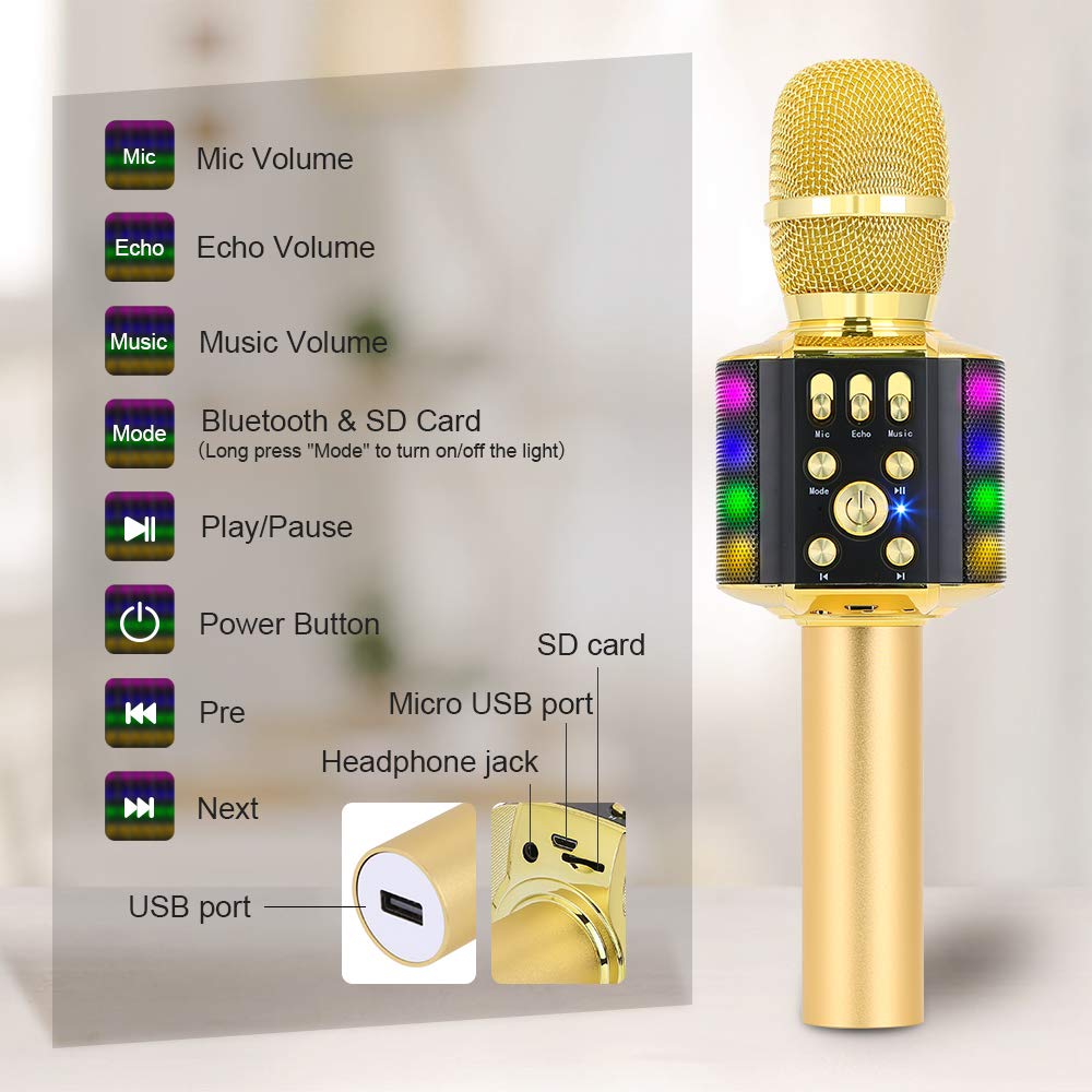 BONAOK Wireless Bluetooth Karaoke Microphone with controllable LED Lights, 4 in 1 Portable Karaoke Machine Speaker for Android/iPhone/PC(Gold)