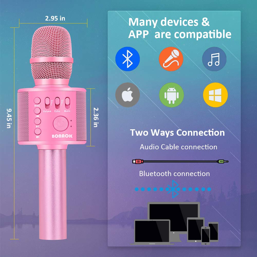 BONAOK Wireless Bluetooth Karaoke Microphone,3-in-1 Portable Handheld Karaoke Mic Speaker Machine Christmas Birthday Home Party for Android/iPhone/PC or All Smartphone(Q37 Light Pink)