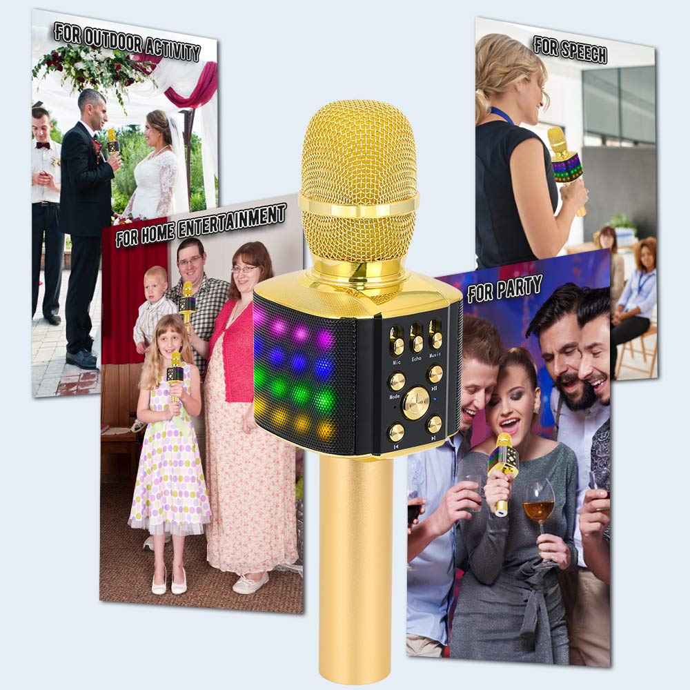 BONAOK Wireless Bluetooth Karaoke Microphone with controllable LED Lights, 4 in 1 Portable Karaoke Machine Speaker for Android/iPhone/PC(Gold)