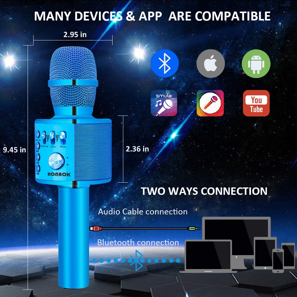 BONAOK Wireless Bluetooth Karaoke Microphone,3-in-1 Portable Handheld Karaoke Mic Speaker Machine Birthday Home Party for PC or All Smartphone (Q37 Blue)