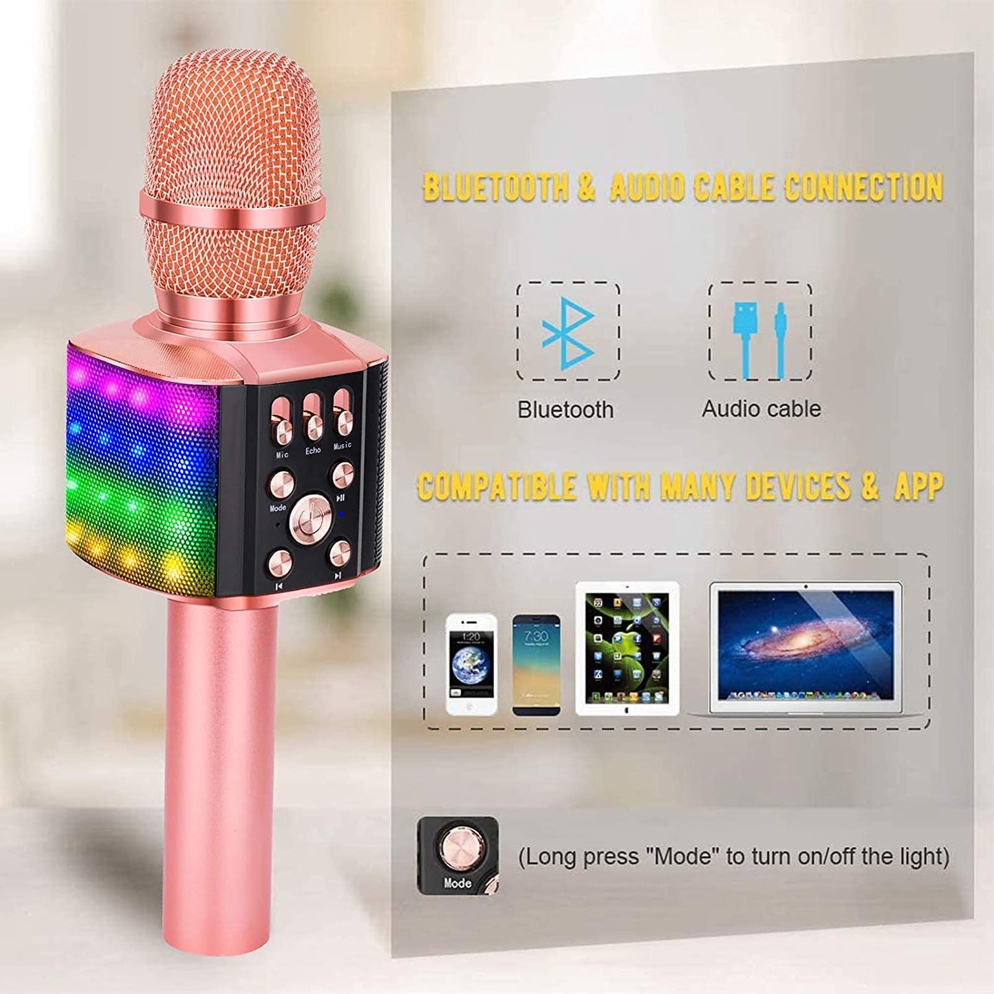 BONAOK Wireless Bluetooth Karaoke Microphone with controllable LED Lights, 4 in 1 Portable Karaoke Machine Speaker for Android/iPhone/PC (Rose Gold)