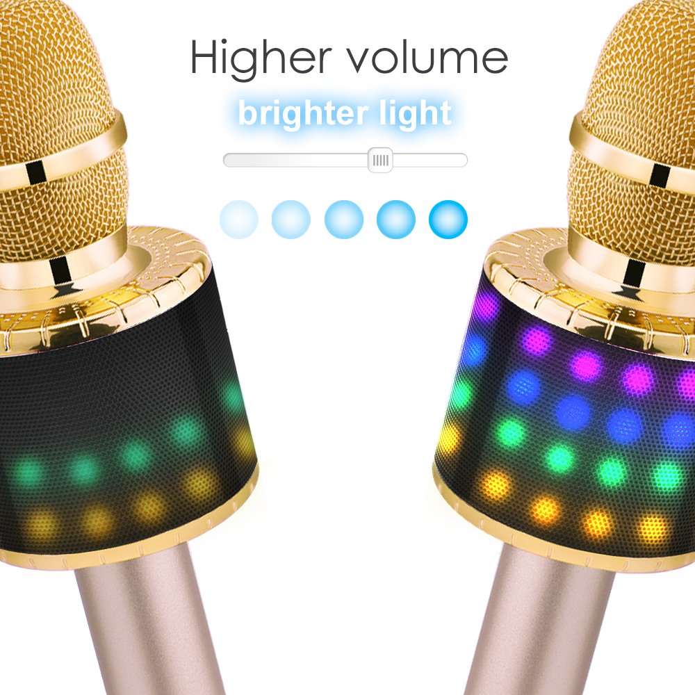BONAOK Wireless Bluetooth Karaoke Microphone with Controllable LED Lights, Portable Handheld Karaoke Speaker Machine Christmas Birthday Home Party for Android/iPhone/PC or All Smartphone(Q78 Gold)