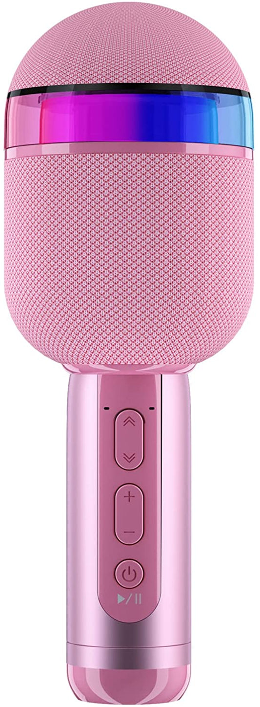 BONAOK Wireless Bluetooth Karaoke Microphone with LED Lights, 4 in 1 Portable Handheld Karaoke Machine Speaker Birthday Gifts for All Ages (Pink)