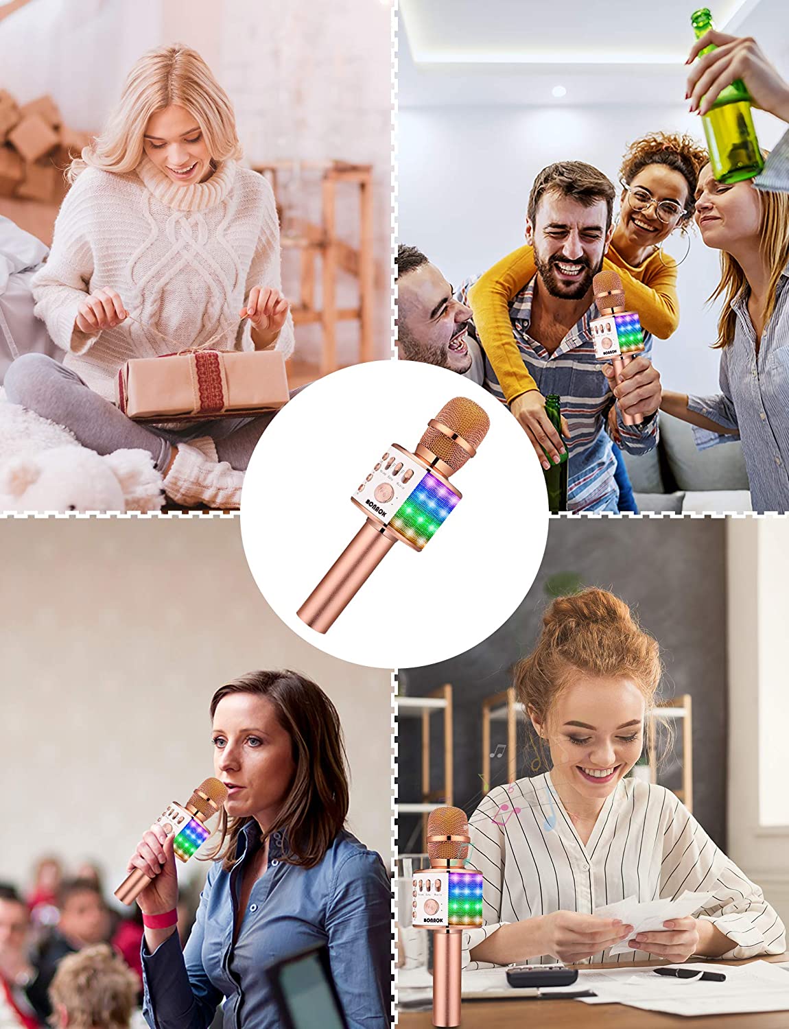 BONAOK Karaoke Microphone for Kids, 4 in 1 Portable Bluetooth Mic Speaker with Controllable LED Lights, Great Gift for 4 5 6 7 8 9 10 Years Old Girls, Teens and Adults Q37L (Rose Gold)
